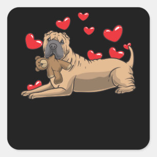 Pegatina Cuadrada Perro De Shar Pei Con Animales Y Corazones Llenos