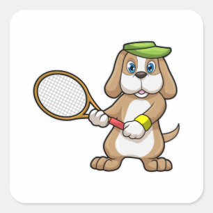 Pegatina Cuadrada Perro de tenis con raqueta de tenis y gorra