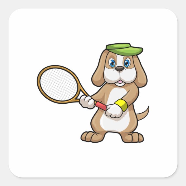 Pegatina Cuadrada Perro de tenis con raqueta de tenis y gorra (Anverso)
