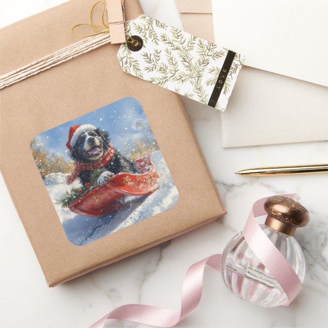 Pegatina Cuadrada Perro de Terranova en manga deja que nieve Navidad (Regalar)