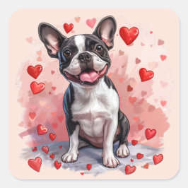 Pegatina Cuadrada Perro del día de San Valentín Boston Terrier