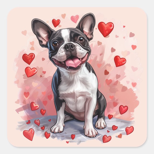 Pegatina Cuadrada Perro del día de San Valentín Boston Terrier (Anverso)