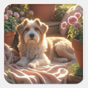 Pegatina Cuadrada Perro del jardín de la Hora de Oro - Acogedora esc