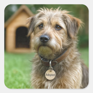Pegatina Cuadrada Perro Desgreñado Adoptado Con Casita