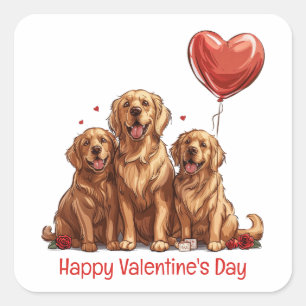Pegatina Cuadrada Perro día de San Valentín Golden Retriever