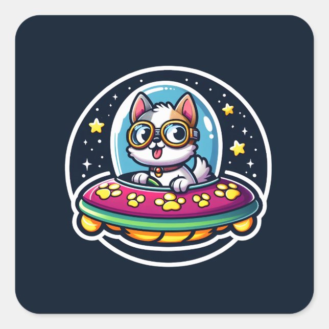 Pegatina Cuadrada Perro divertida de OVNI (Anverso)