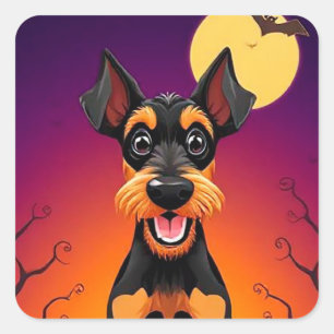 Pegatina Cuadrada Perro Divertido en Escena de Halloween 🎃🐾 Lindo
