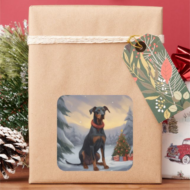 Pegatina Cuadrada Perro Doberman en Navidades de nieve (Vacaciones)