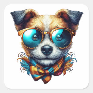 Pegatina Cuadrada Perro Elegante Con Gafas Arte De Mascota Moderno C