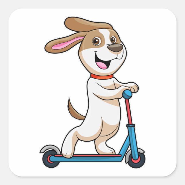Pegatina Cuadrada Perro en bicicleta con Scooter (Anverso)