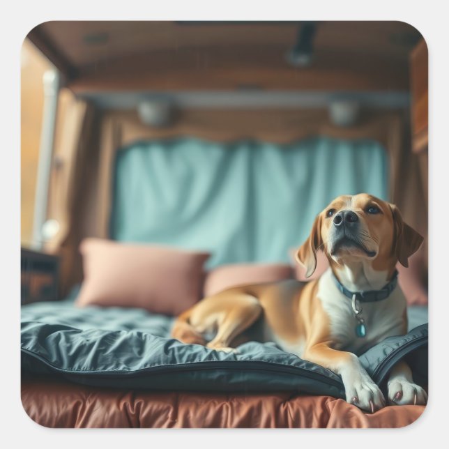 Pegatina Cuadrada Perro en cama (Anverso)