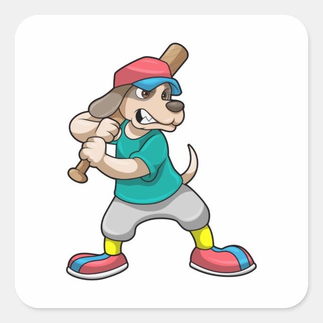 Pegatina Cuadrada Perro en el béisbol con bate de béisbol (Anverso)