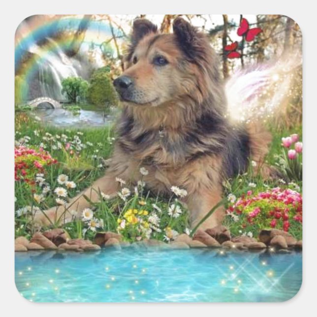 Pegatina Cuadrada Perro en el Mascota del puente arco iris (Anverso)