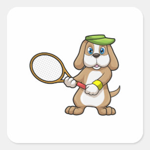 Pegatina Cuadrada Perro en el tenis con raqueta de tenis y gorra