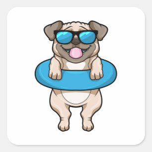 Pegatina Cuadrada Perro en Natación con anillo de natación