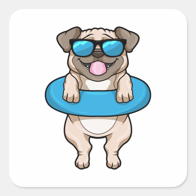 Pegatina Cuadrada Perro en Natación con anillo de natación (Anverso)