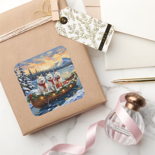 Pegatina Cuadrada Perro Eskimo Americano Blanco Navidad Barco Fiesta (Regalar)