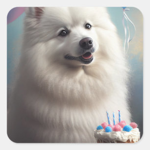 Pegatina Cuadrada Perro esquimal americano con cumpleaños de globos