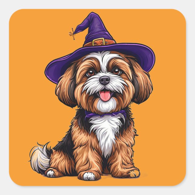 Pegatina Cuadrada Perro Feliz con un Sombrero de Bruja (Anverso)