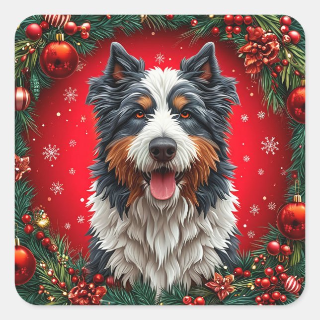 Pegatina Cuadrada Perro feliz de Navidad (Anverso)