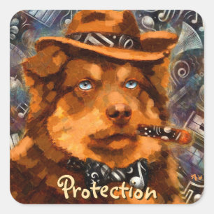Pegatina Cuadrada Perro gángster caprichoso arte retro noir ojos azu