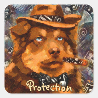 Pegatina Cuadrada Perro gángster caprichoso arte retro noir ojos azu
