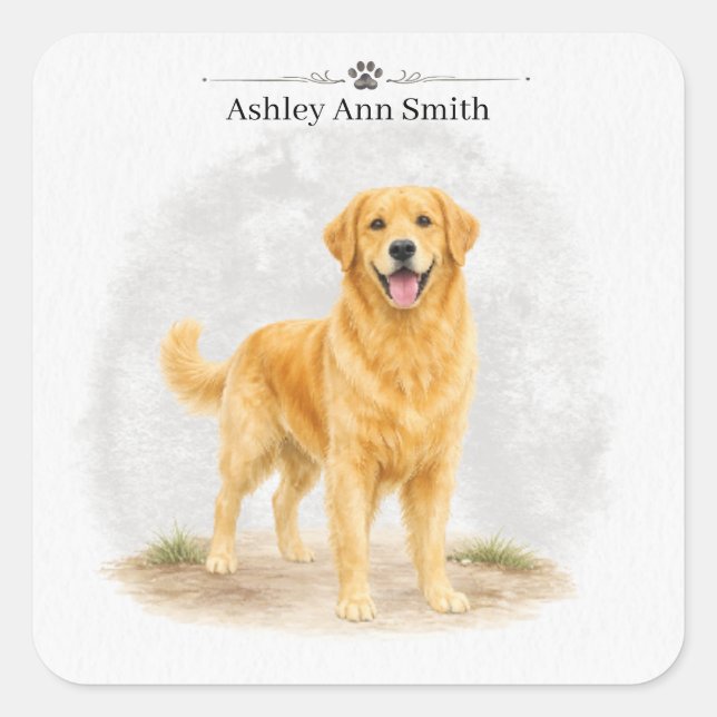 Pegatina Cuadrada Perro Golden Retriever  Nombre Personalizado (Anverso)