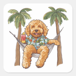 Pegatina Cuadrada Perro Goldendoodle con camisa hawaiana