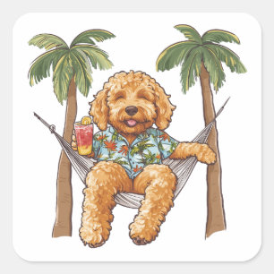 Pegatina Cuadrada Perro Goldendoodle con camisa hawaiana