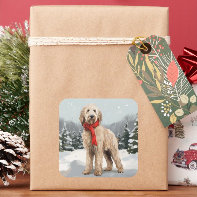 Pegatina Cuadrada Perro Goldendoodle en Navidades de Nieve (Vacaciones)