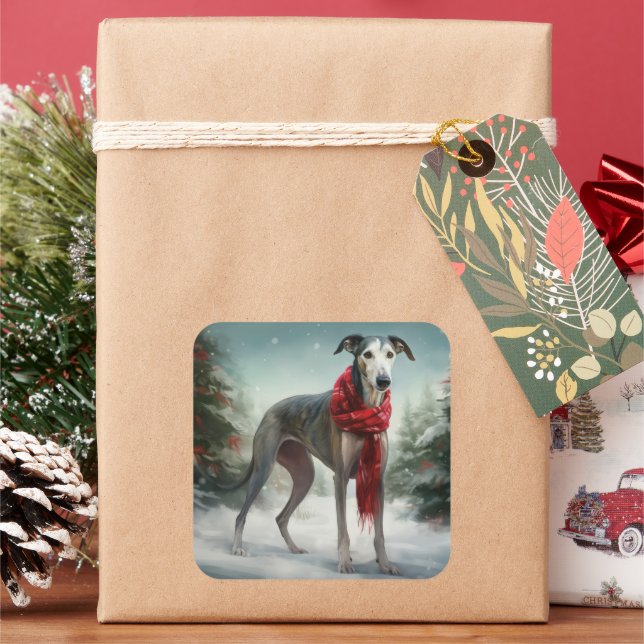 Pegatina Cuadrada Perro Greyhound en Navidad con nieve  (Vacaciones)