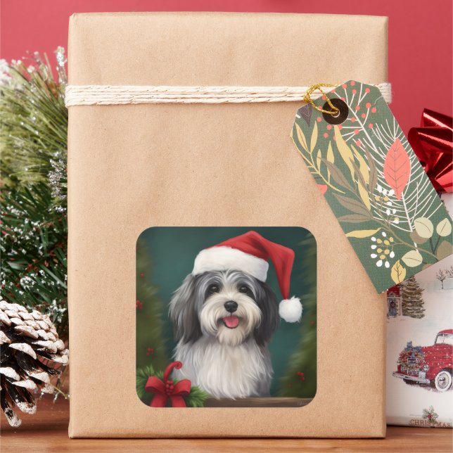 Pegatina Cuadrada Perro Havanés en Navidad con Nieve (Vacaciones)