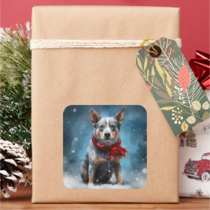 Pegatina Cuadrada Perro Heeler Azul en Navidades de Nieve