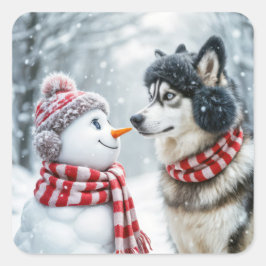 Pegatina Cuadrada Perro Husky Con Snowman