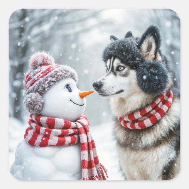 Pegatina Cuadrada Perro Husky Con Snowman (Anverso)