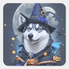 Pegatina Cuadrada Perro Husky Encantado: Magnífico Delight Halloween