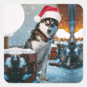 Pegatina Cuadrada Perro Husky siberiano con sombrero santa