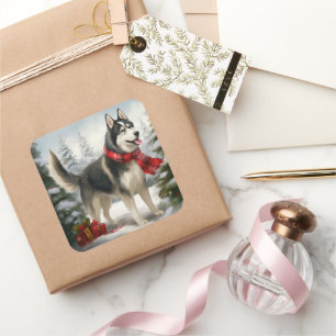 Pegatina Cuadrada Perro Husky Siberiano en Navidad con Nieve