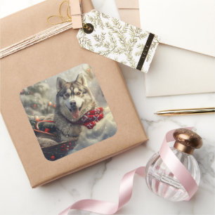 Pegatina Cuadrada Perro Husky Siberiano Festivo de Navidad