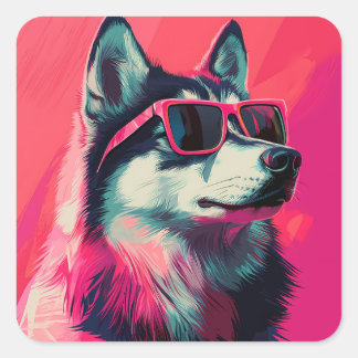 Pegatina Cuadrada Perro husky siberiano genial con gafas de sol