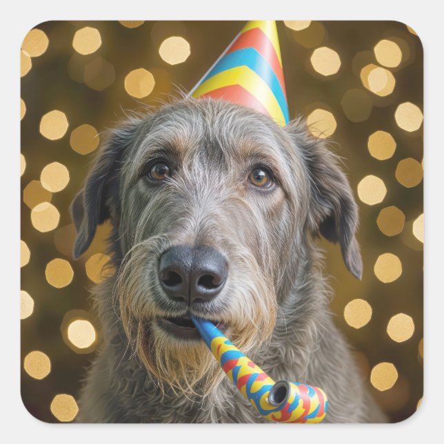 Pegatina Cuadrada Perro Irish Wolfhound Cumpleaños Con Sombrero De F (Anverso)