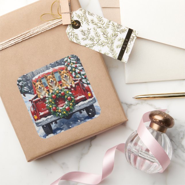 Pegatina Cuadrada Perro Japonés Chin Camión Rojo Navidad Fiesta (Regalar)