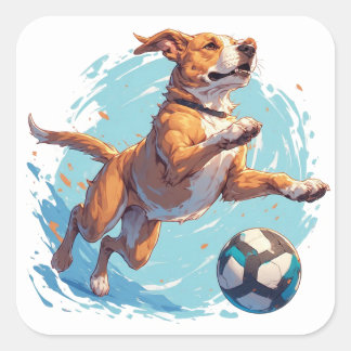 Pegatina Cuadrada Perro Juguetón Pateando Balón de Fútbol Con Exp