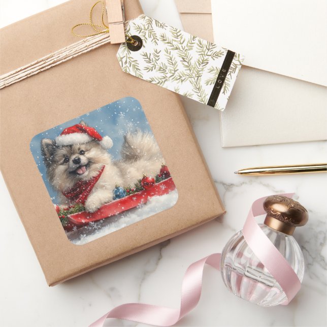 Pegatina Cuadrada Perro Keeshond en la manga que nieva a los Navidad (Regalar)