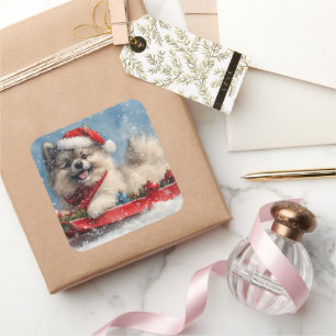 Pegatina Cuadrada Perro Keeshond en Trineo Deja que Nieve Navidad