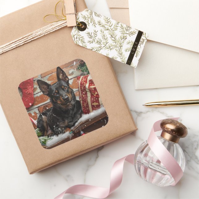 Pegatina Cuadrada Perro Kelpie Australiano Navidad Festiva (Regalar)