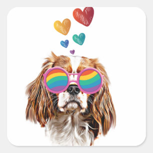 Pegatina Cuadrada Perro King Cavalier con Corazones Día de San Valen