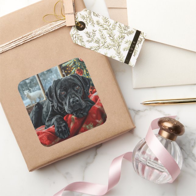 Pegatina Cuadrada Perro Labrador Negro Navidad Festiva (Regalar)