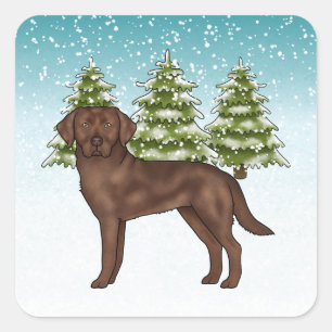 Pegatina Cuadrada Perro Labrador Retriever de Chocolate Navidad Azul