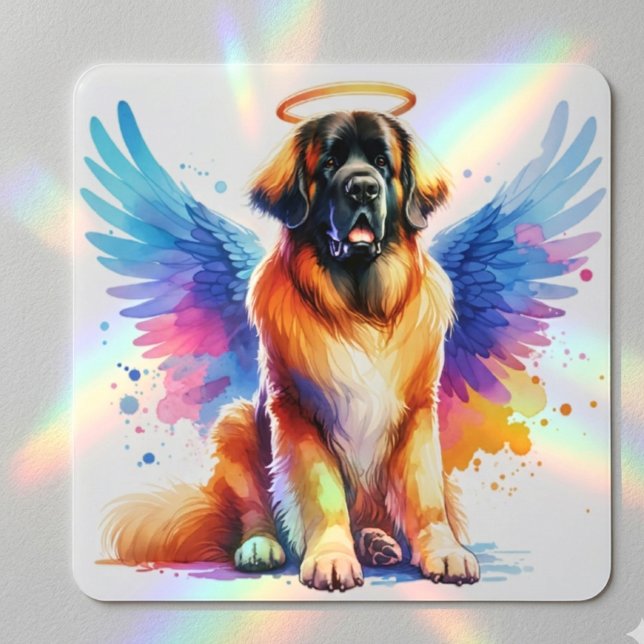 Pegatina Cuadrada Perro Leonberger Angel Acuarela (Leonberger angel square rainbow sticker)